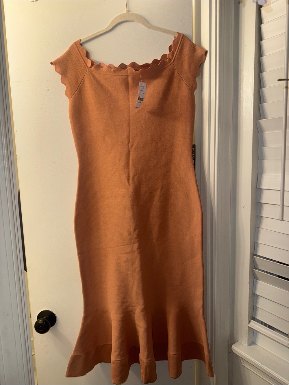 New York & Company Peach Scallop Neck Midi Dress